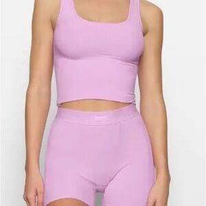 SKIMS 3PC BUNDLE - Pink Ribbed Tank and Shorts Set + lace bralette PETAL PINK